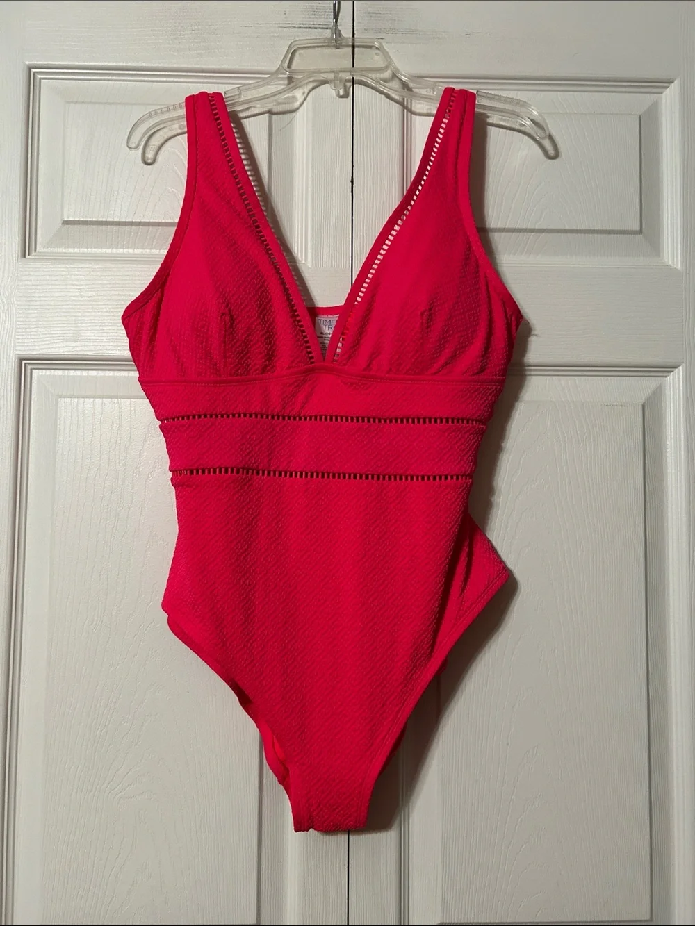 Time and Tru -XL / Swimsuit Hi Cut Leg, Deep V Top, in Hot Pink with Ladder Trim